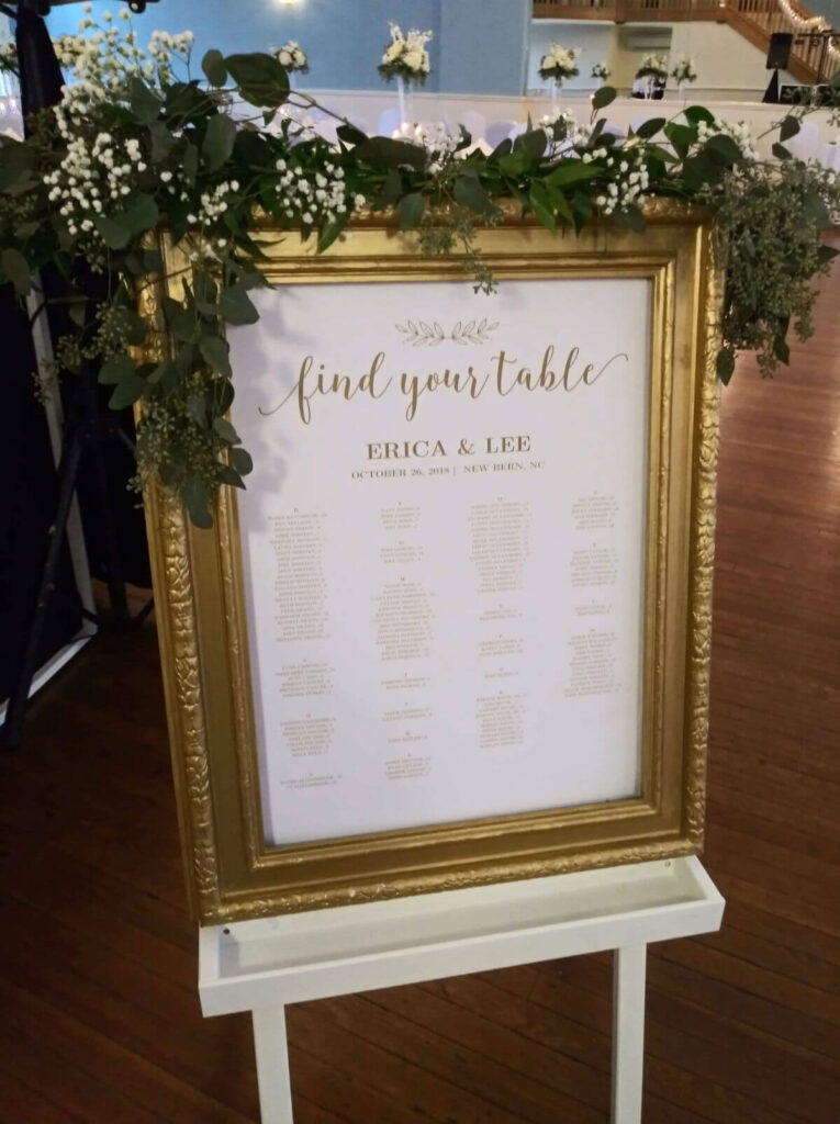 Erica and Lee wedding sign - Stanly Hall Ballroom Seating chart, NC wedding venue,